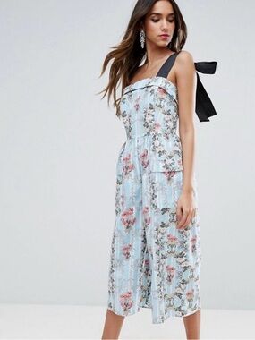 ASOS Floral Blue One-Shoulder Midi jumper with Black Bow Strap sz s
